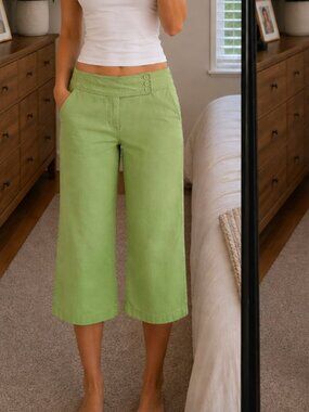 Vintage Y2K Bisou Bisou Apple Green Wide Leg Cropped Pants Button Hem Size 12